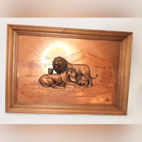 Mid Century Modern Copper Wood Look African Lion Lioness Cubs Family 3D Picture